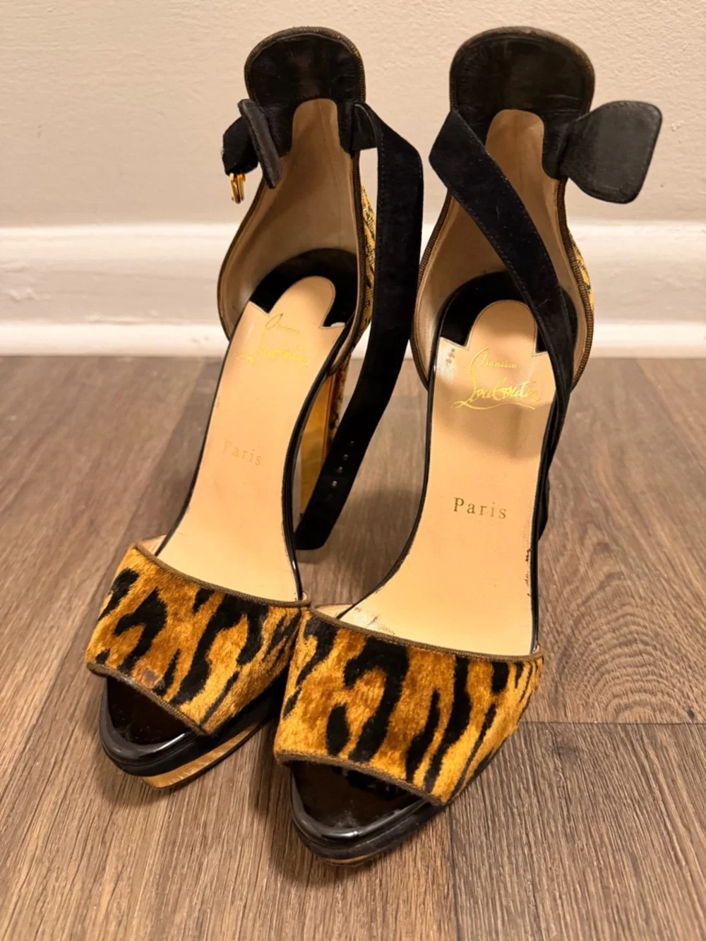 Christian Louboutin Gold and Black Leopard-Print High Heels - Picture 6 of 9